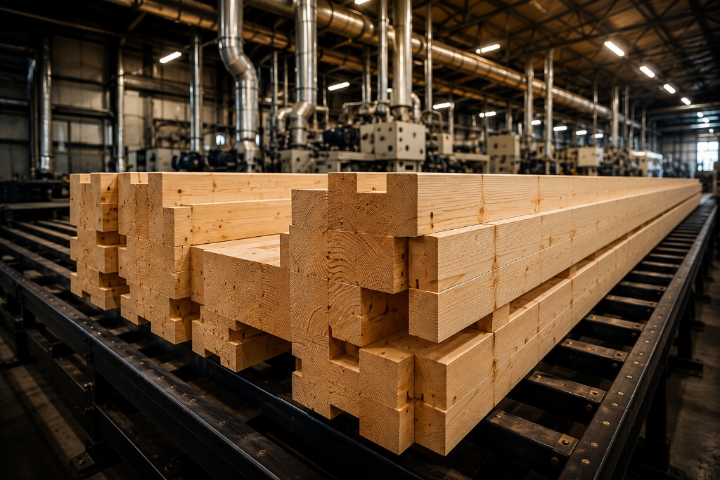 Производство клеёного бруса Renaissance Wood — профилированный брус на конвейере в цеху